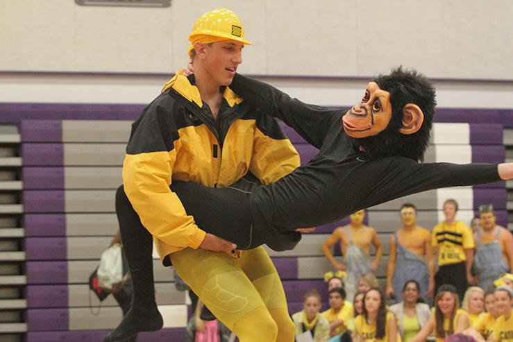 The sophomore class monkeys around with their spirit dance.