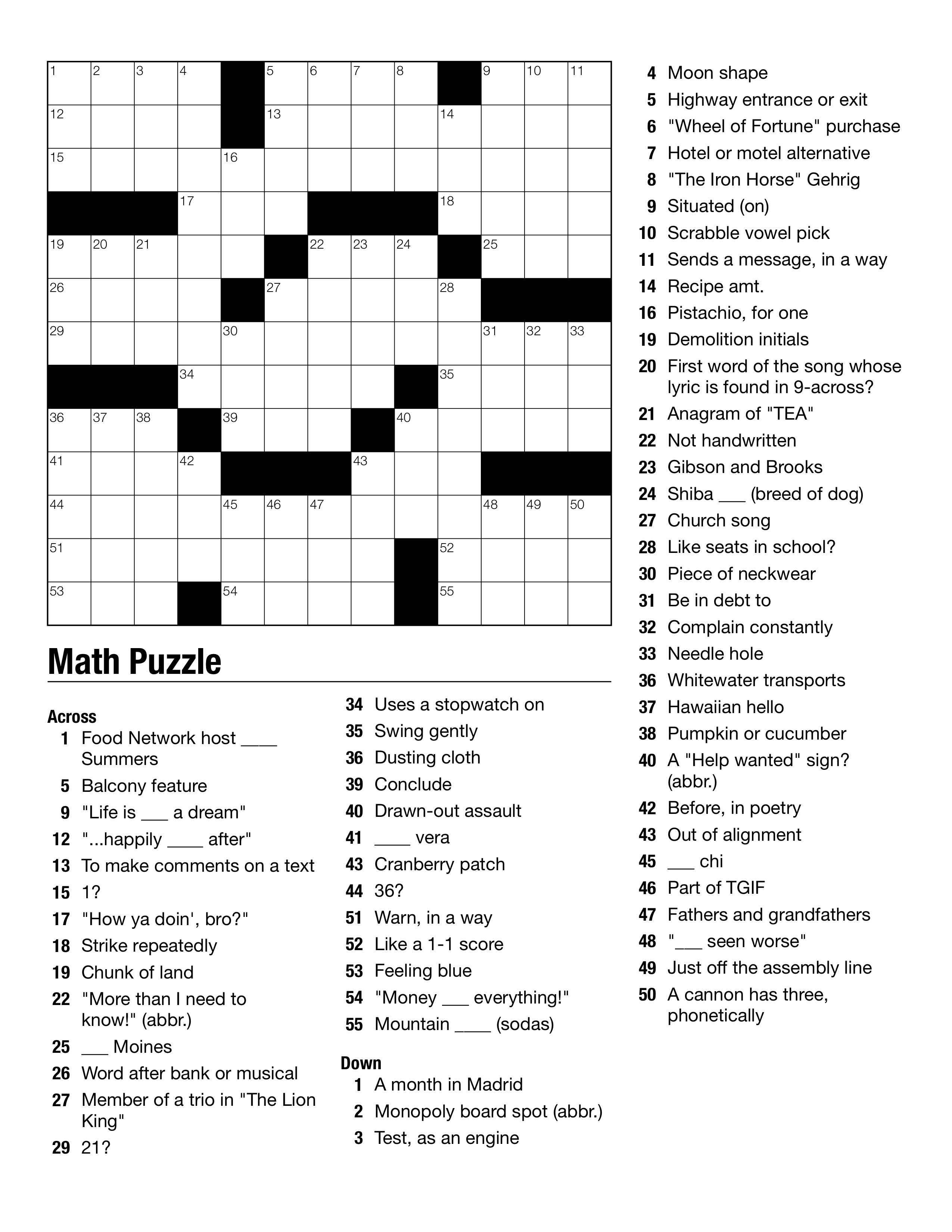 Printable Crossword Puzzles For Teenagers