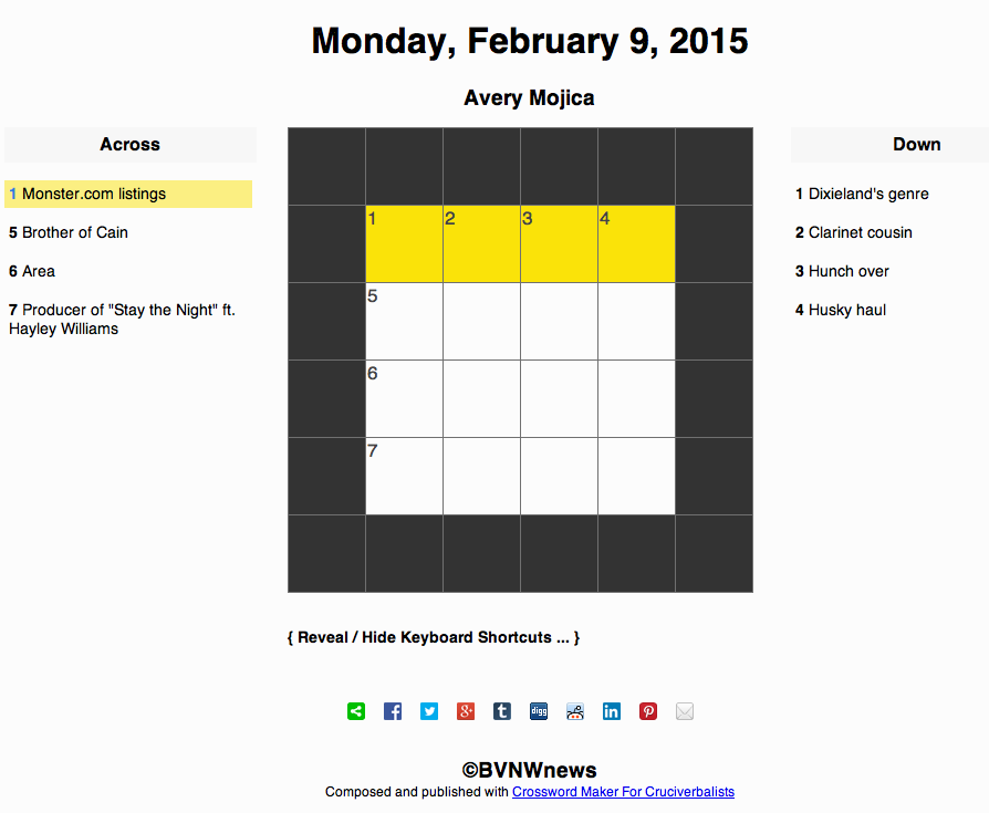 Monday, February 9, 2015 crossword
