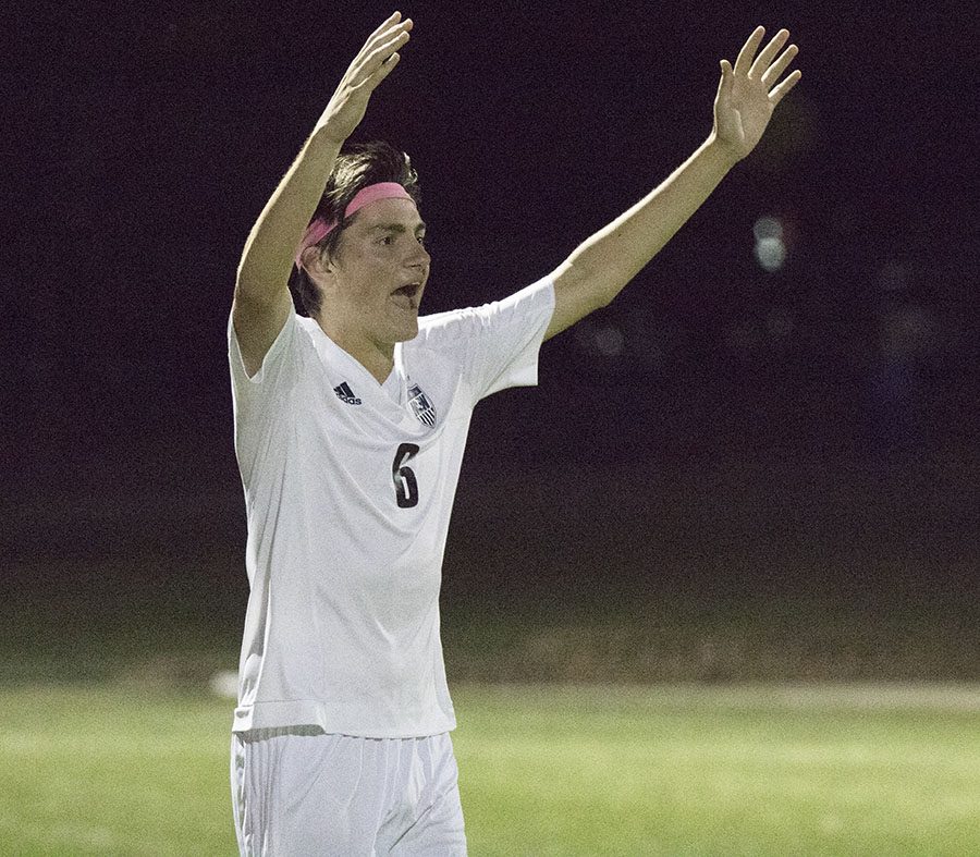 BVNW sophomore J.P. Pascarella (6) celebrates after a goal against Olathe East at the DAC Oct. 3.