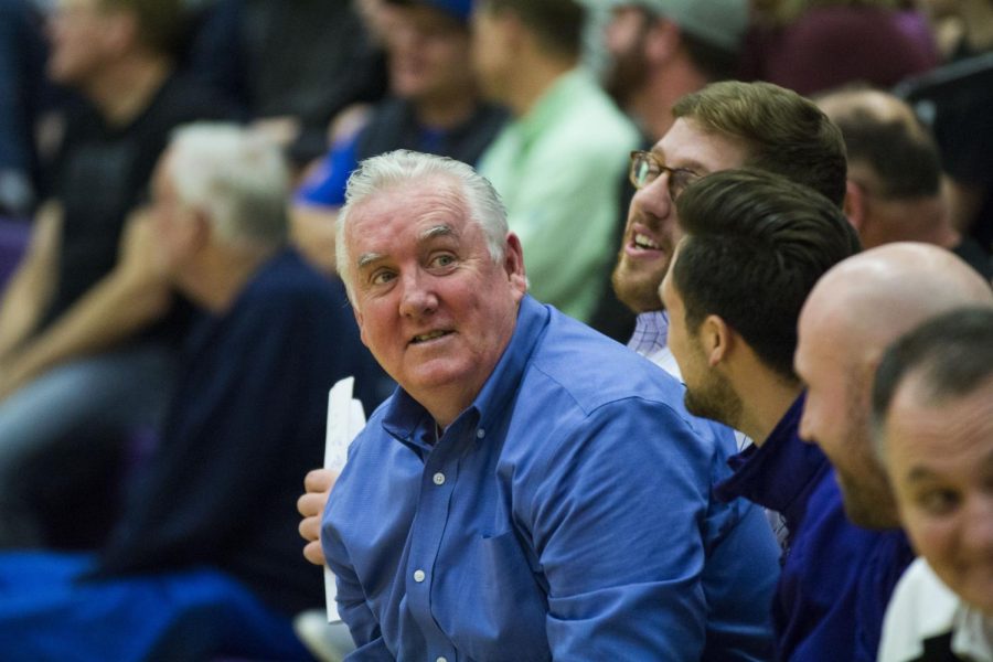 Blue Valley Northwest head coach Ed Fritz smiles as the clock winds down during the fourth quarter of the Huskies matchup with St. Thomas Aquinas at BVNW Jan. 27. The Huskies defeated the Saints, 69-46.