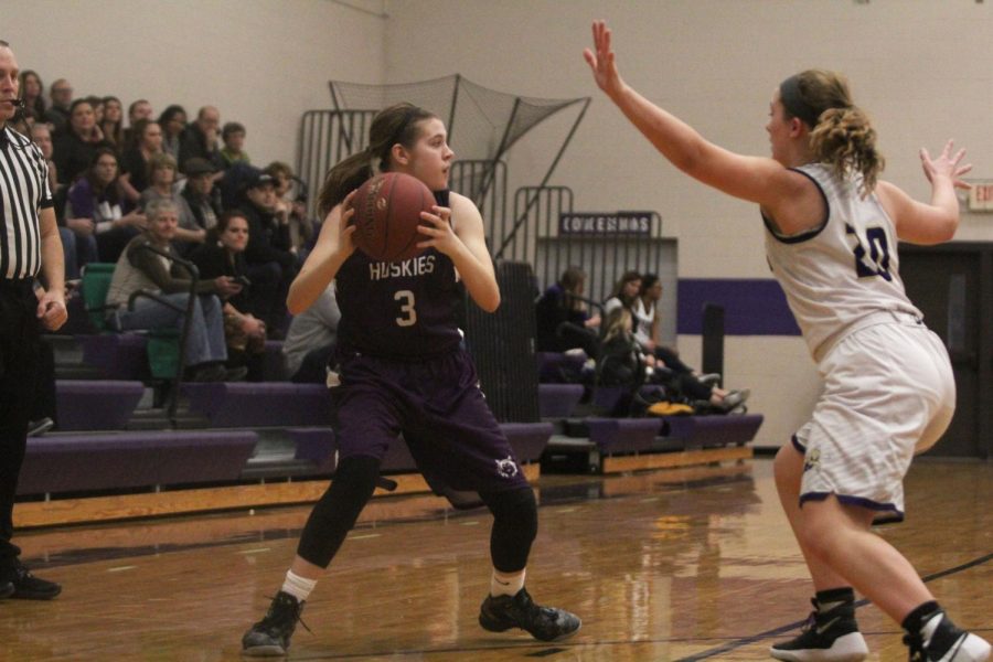 Blue Valley Northwest sophomore guard Veronica Spillman (3) prepares to pass the ball during the Huskies matchup with North Kansas City at Pittsburg High Jan. 19. 