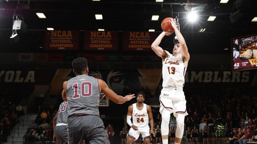 Loyola redshirt junior guard Clayton Custer (13) earned Missouri Valley Conference Player of the Year honors. Custer leads the Ramblers in scoring, 3-point percentage, assists and steals. 