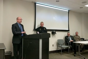 District Attorney Steve Howe (left) and Overland Park Police Chief Frank Donchez (center) announced Feb. 20, 2018 the shooting of Blue Valley Northwest junior John Albers was justified. 