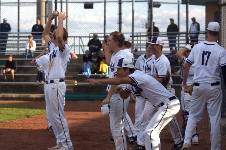 Members of the team celebrate after an RBI double by junior Sean Roseborough. The Huskies defeated the Mustangs, 12-3. 