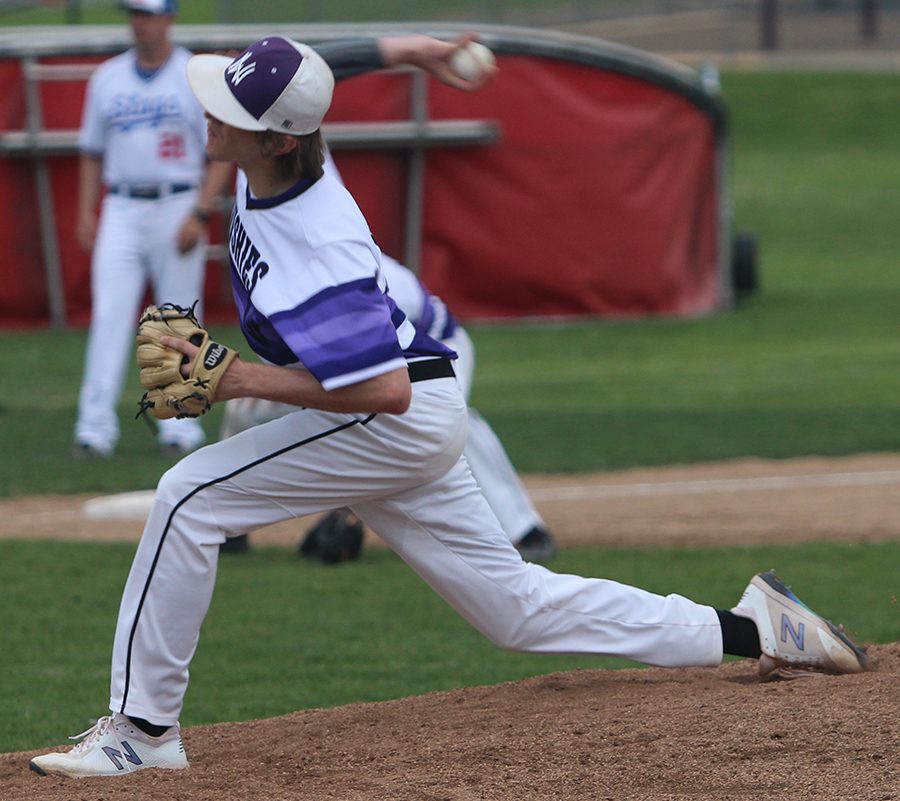 Senior Max Abramovich throws a pitch during the Huskies matchup with Bishop Miege May 1. The Huskies defeated the Stags, 4-3. 