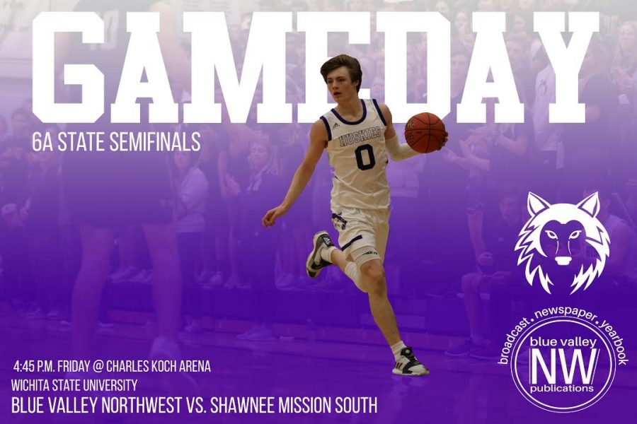 The boys varsity basketball team advances to face Shawnee Mission South in the 6A state semifinals on March 8 at the Charles Koch Arena.