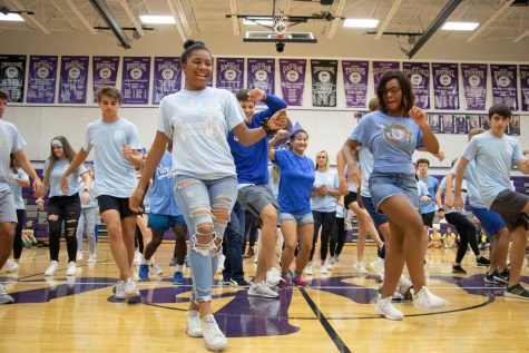 The senior class dances in front of the student body during spirit dances, on Oct. 10. 