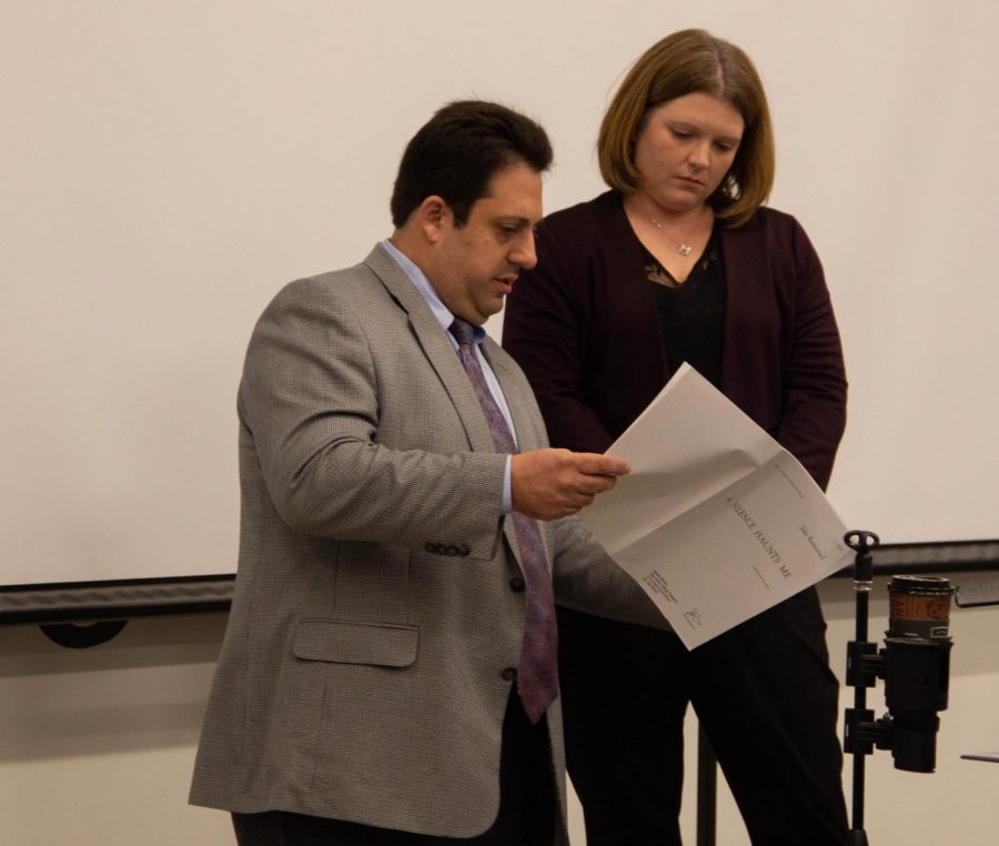 Choir director Beth Richey-Sullivan and Director of Chorale Studies at William Jewel College, Anthony Maglione, look at sheet music during second hour Chorale. 