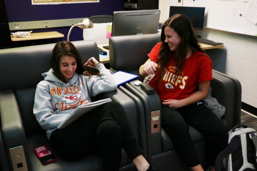 Juniors Mikayla Rakolta and Emily Moser wear Chiefs gear following the teams Super Bowl win, Feb. 2.