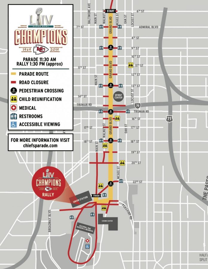 The route for the the parade starts at 6th Street and Grand Blvd, heading south on Grand Blvd, west on Pershing Road, north on Main, culminating at Union Station.  