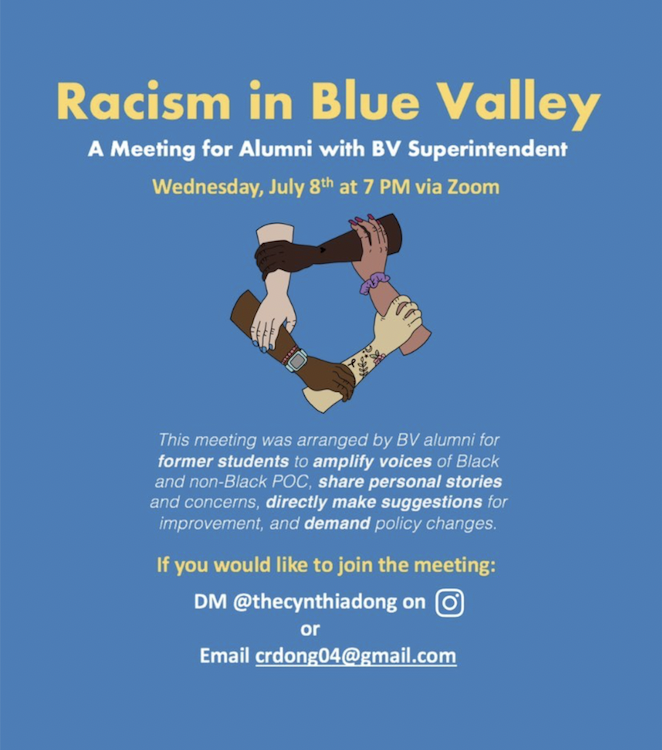 As+students%E2%80%99+stories+of+racism+surface+after+Blue+Valley%E2%80%99s+response+to+the+Black+Lives+Matter+movement%2C+students+and+alumni+discuss+ways+the+district+can+end+racial+inequality+and+bullying+with+superintendent+Tonya+Merrigan.