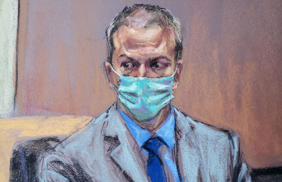 Former Minneapolis police officer Derek Chauvin listens during the seventh day of his trial for second-degree murder, third-degree murder and second-degree manslaughter in the death of George Floyd in Minneapolis, Minnesota, U.S. April 6, 2021 in this courtroom sketch. REUTERS/Jane Rosenberg