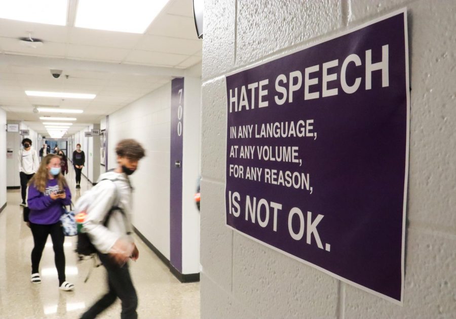 A sign addressing hate speech is posted outside a classroom door in response to a racial slur in a male restroom, Oct. 28. 