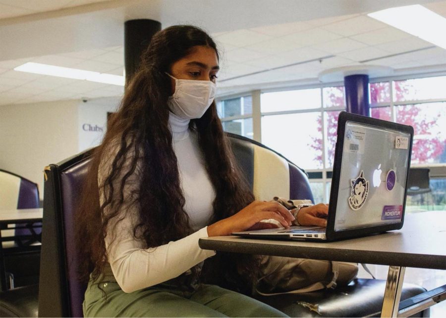 Sophomore Mahathi Reddy gathers data on her Macbook, Nov. 11. “I am collecting just job descriptions in order to make sure that there’s no bias,” Reddy said.