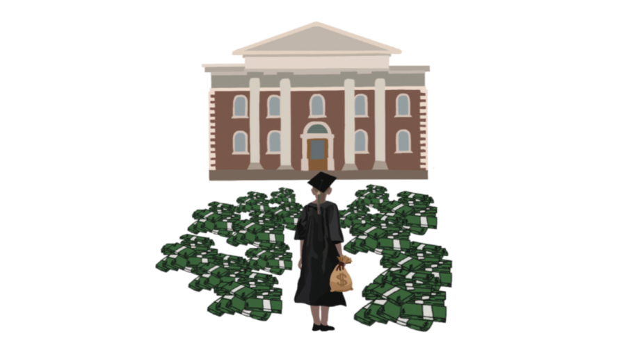 Digital illustration of a student surrounded by their college cost. 