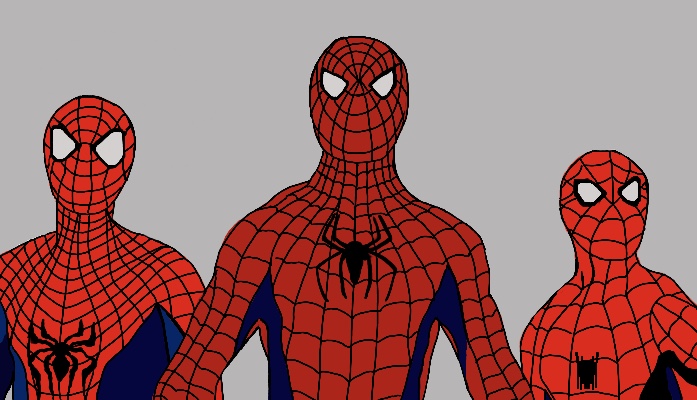 Graphic of the three different Spider-Men, Garfield (left), Maguire (middle) and Holland (right).