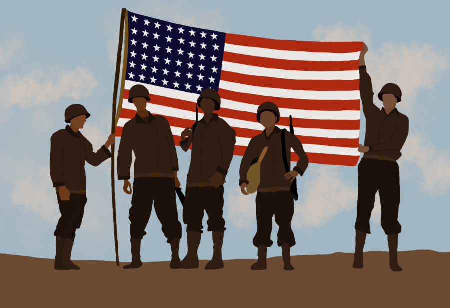 Digital illustration of soldiers planting an American flag on foreign land.