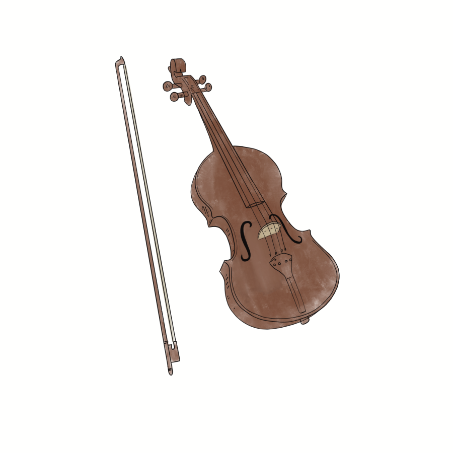 Digital illustration of a violin and bow.