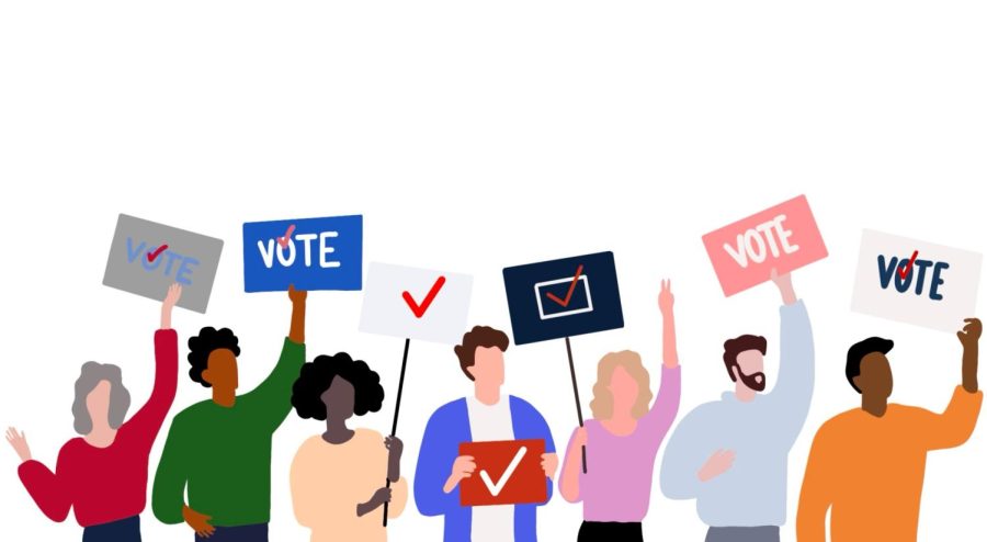 Digital illustration depicting a group of protesters urging people to vote.