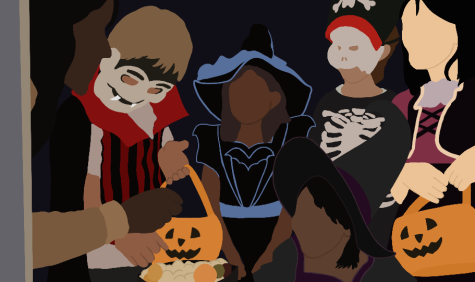 Digital illustration of a group of young children trick-or-treating.