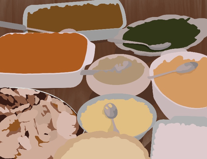 Digital illustration of a dinner table filled with traditional Thanksgiving dishes.