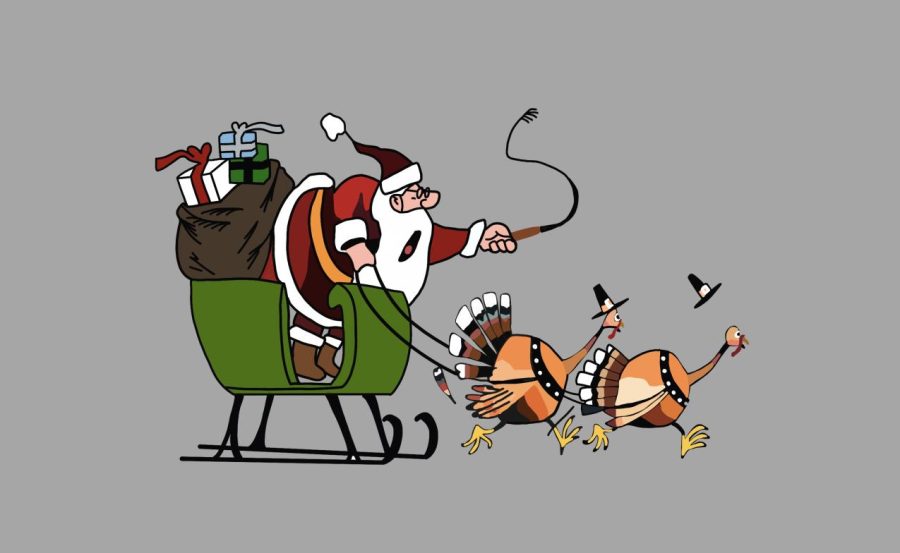 Digital illustration depicting a pair of Thanksgiving turkeys pulling Santas sleigh.