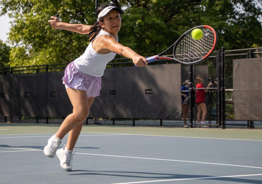 Senior tennis player Lydia Peng backhands the ball during a match, Aug. 14.