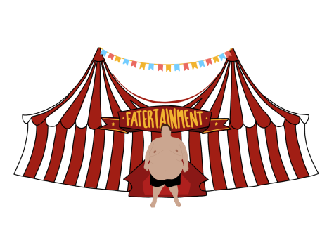 Digital illustration depicting a fatertainment star being likened to a circus commodity. 