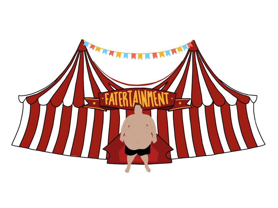 Digital illustration depicting a fatertainment star being likened to a circus commodity. 