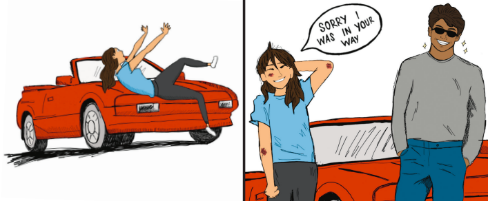 Digital illustration of a person apologizing for being hit by someones car because they think the driver is attractive.
