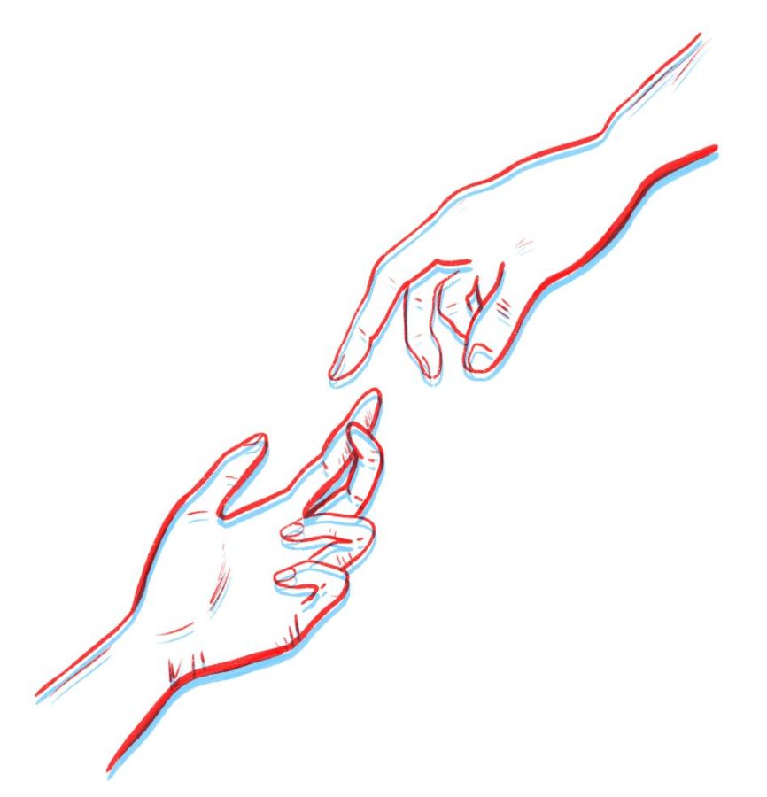 Digital illustration of two hands reaching toward one another.