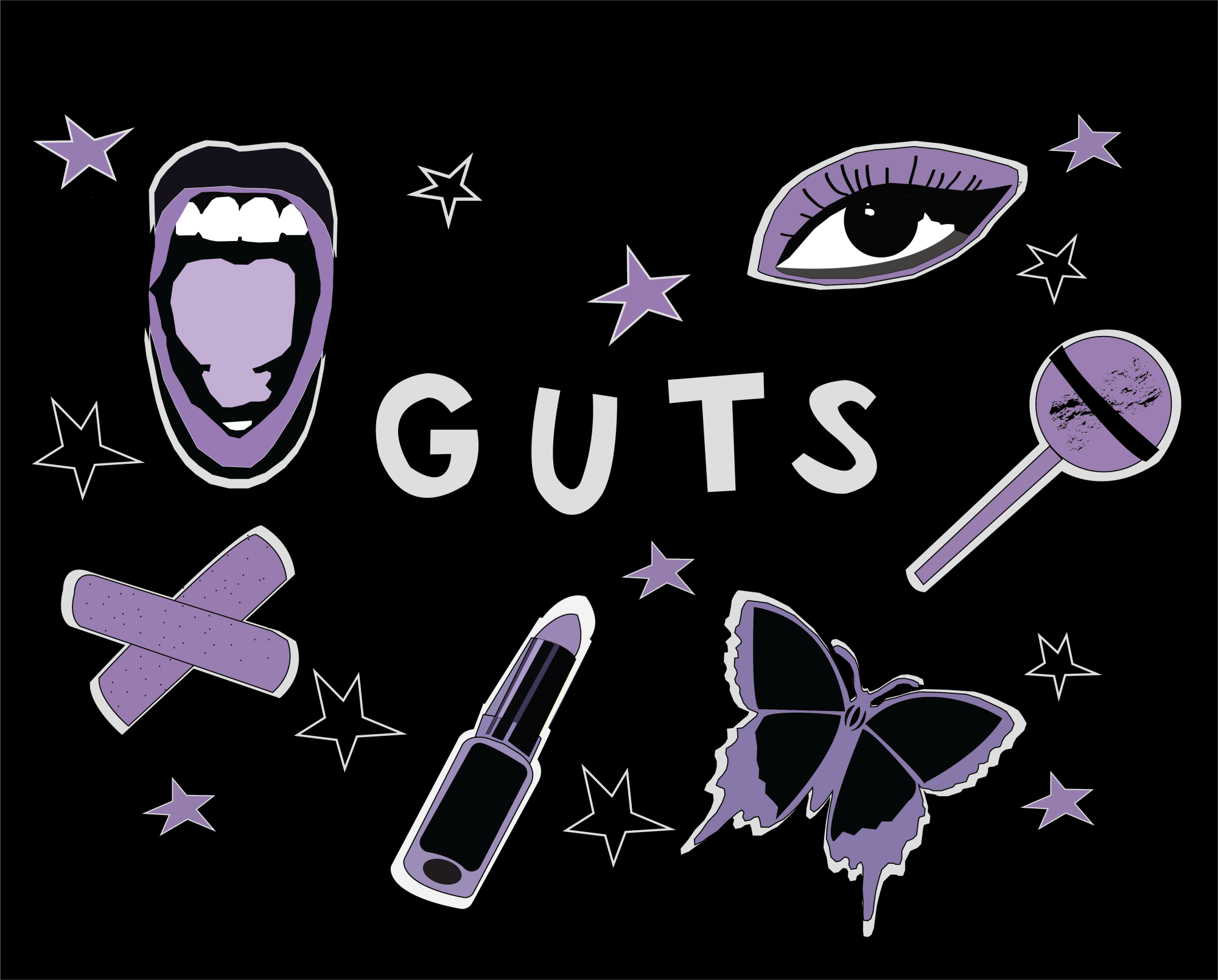 A digital illustration of stickers promoting Olivia Rodrigos newest album, GUTS.