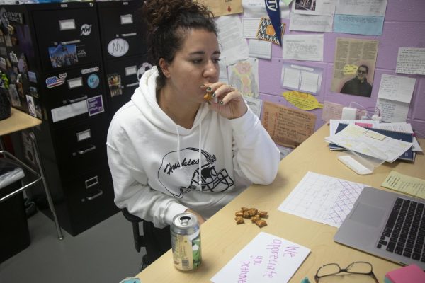Soccer coach and teacher Michelle Pothoven snacking on both healthy and unhealthy food. Until I was in my 30s it was hard to see food as fuel, Pothoven said. 