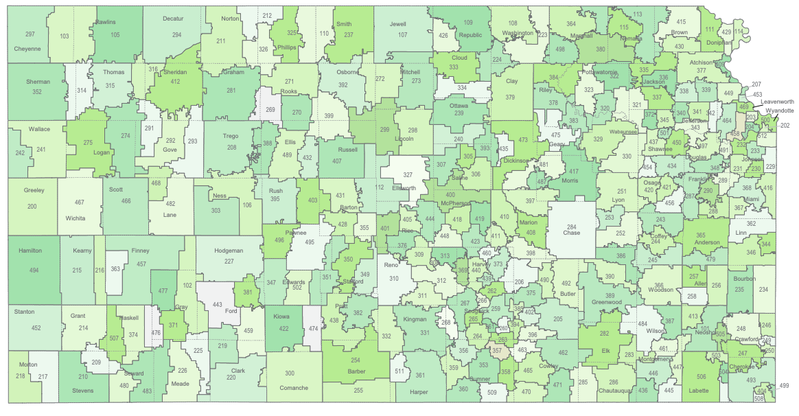 A comprehensive map of all Kansas Unified School Districts. (Map from Kansas State Department of Education).