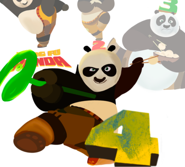 Digital illustration of characters from the fourth installment of the Kung Fu Panda film franchise. 