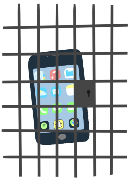 Digital illustration of a phone locked in jail.