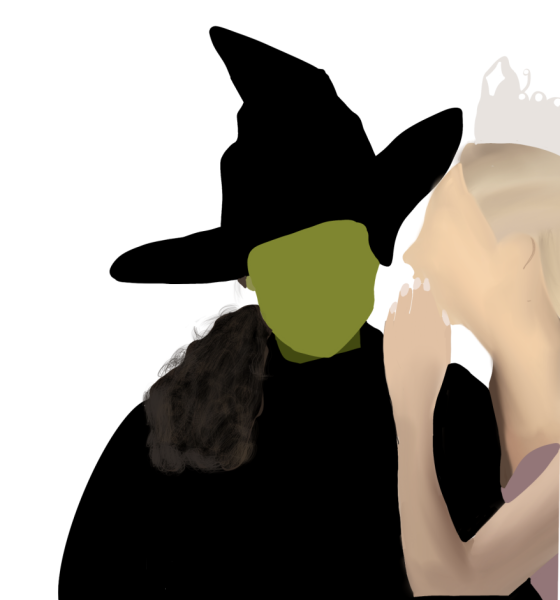 Digital illustration of a "Wiched movie poster, where Galinda is whispering something into Elphaba's ear.