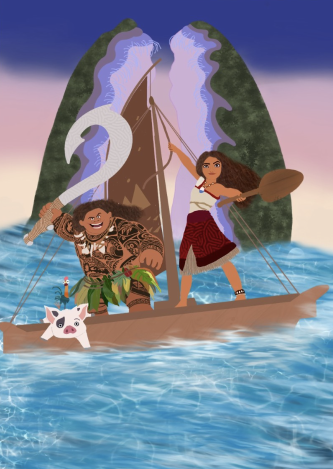 Digital illustration of the "Moana 2" movie poster, with characters Moana and Maui pictured.