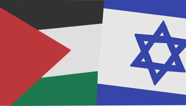 Digital illustration of Israel and Palestine's flags.