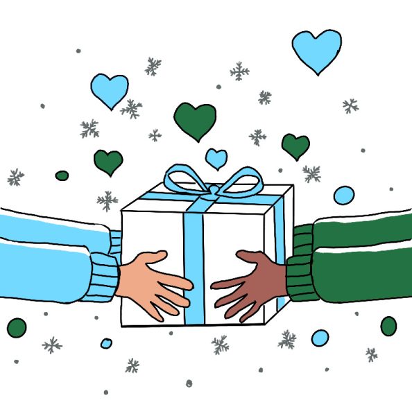 Digital illustration of gifts being exchanged between friends.