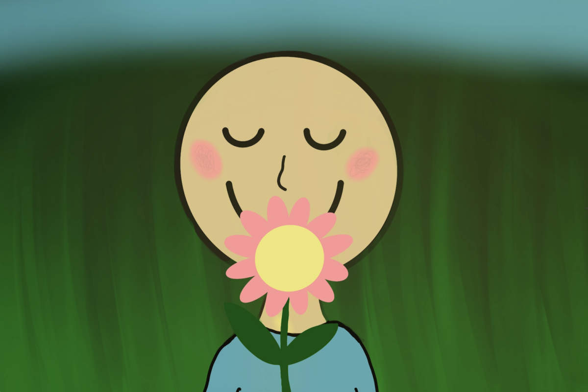 Digital illustration of someone smelling a flower.