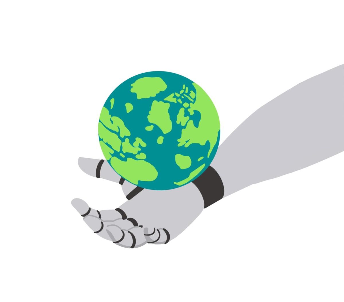 Digital illustration depicted a robot arm holding the earth, symbolizing the future of AI and the planet is connected.