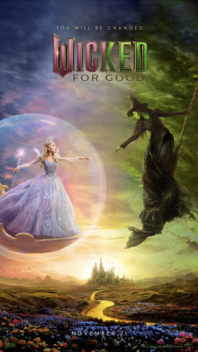 Promotional poster for the film "Wicked: For Good" released by Universal Pictures. 