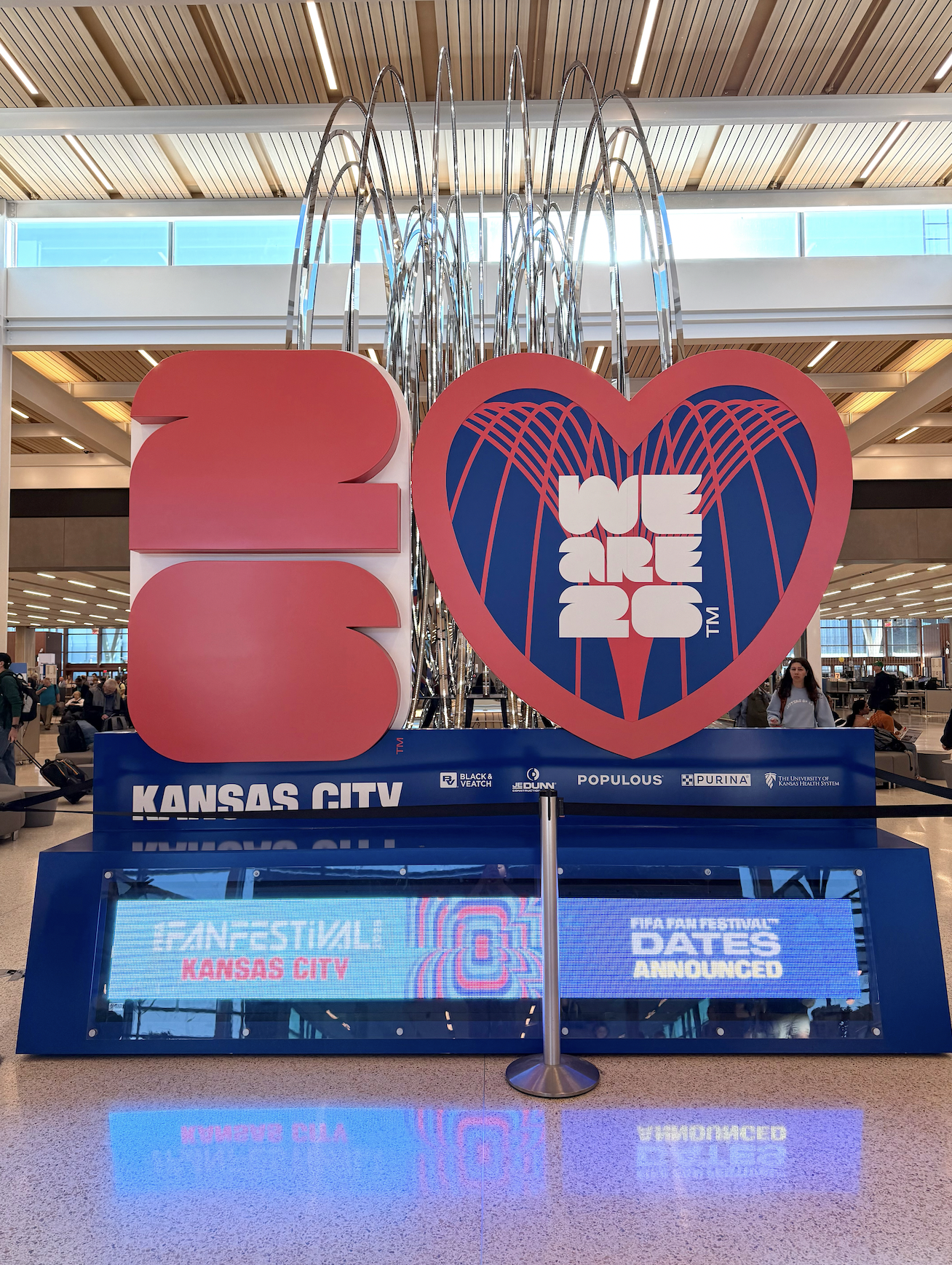 The 2026 World Cup sign is on display at the Kansas City International Airport. 
